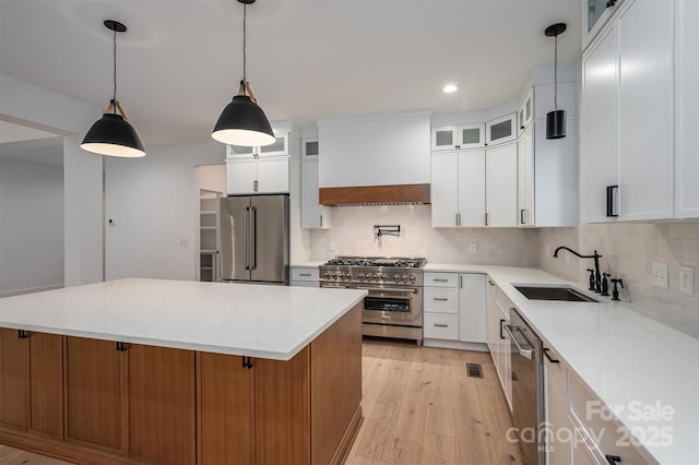 6630 Vesuvius Furnace Rd Unit 1, Denver, NC 28037 - kitchen featuring premium range hood, light wood-type flooring, high quality appliances, a sink, and decorative backsplash