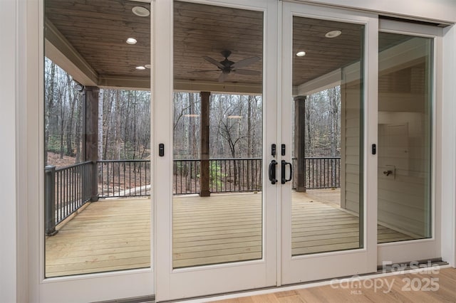 6630 Vesuvius Furnace Rd Unit 1, Denver, NC 28037 - exterior space with recessed lighting, wooden ceiling, wood finished floors, and a ceiling fan