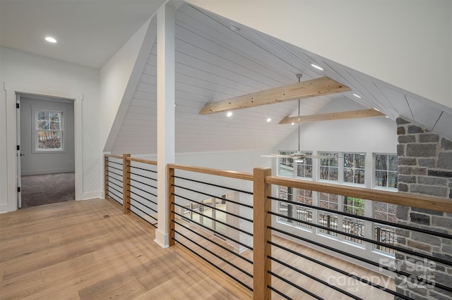 6630 Vesuvius Furnace Rd Unit 1, Denver, NC 28037 - hall with an upstairs landing, recessed lighting, lofted ceiling with beams, and wood finished floors