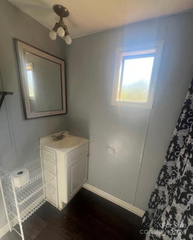 bathroom with vanity and hardwood / wood-style floors