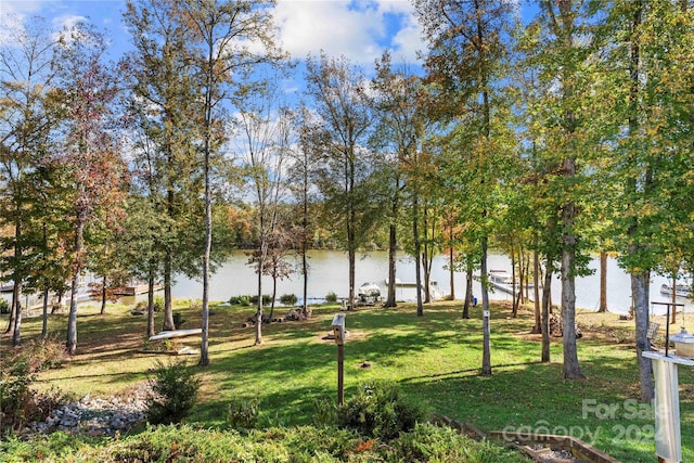 view of property's community featuring a lawn and a water view