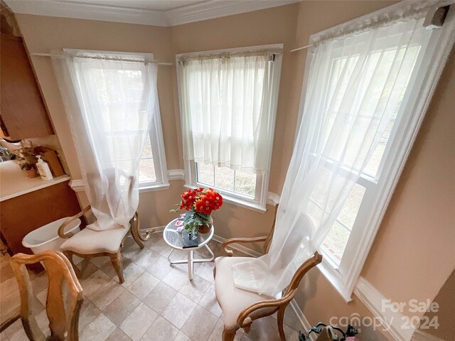 living area with crown molding