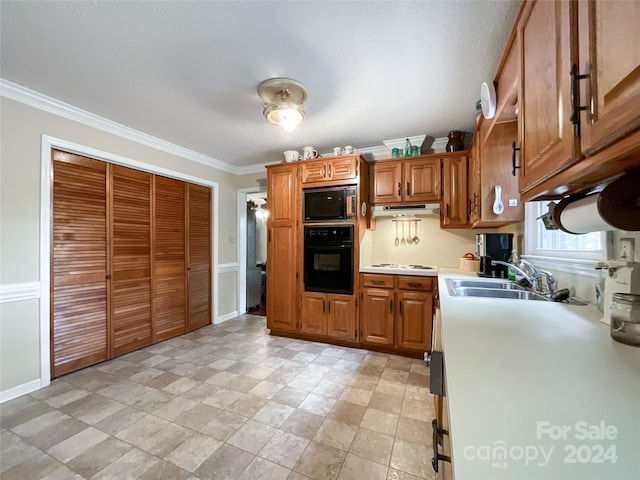 kitchen featuring ornamental molding, built in microwave, sink, and oven