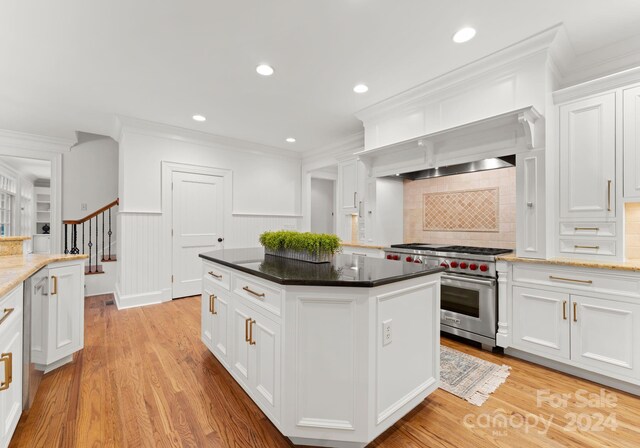 kitchen with white cabinetry, light wood-type flooring, and designer stove