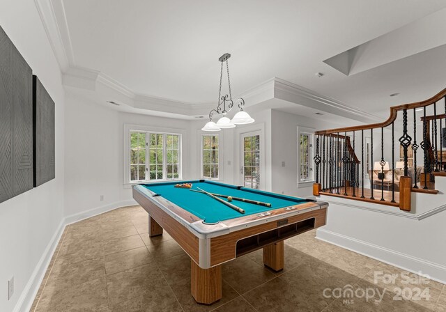 recreation room with pool table, crown molding, and tile patterned floors