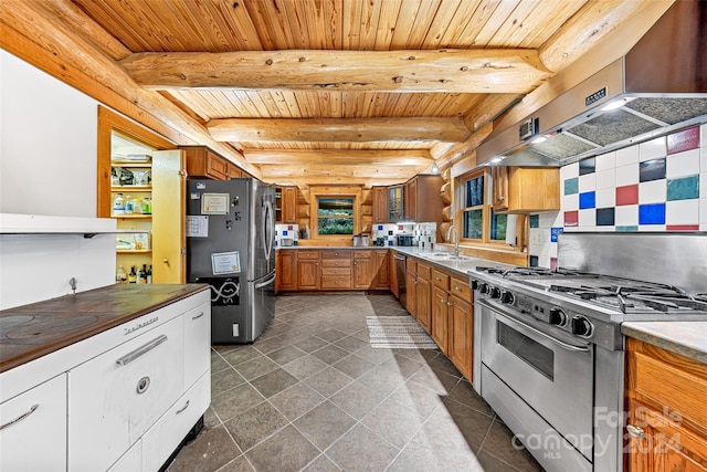 kitchen with beam ceiling, stainless steel appliances, and wooden ceiling