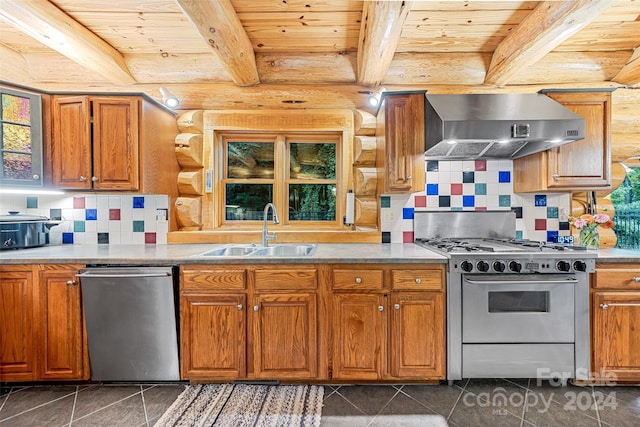 kitchen with wall chimney range hood, wood ceiling, backsplash, sink, and stainless steel appliances