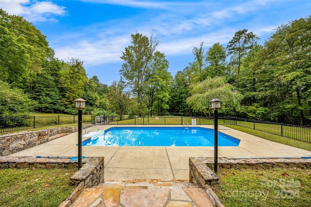 view of pool with a yard and a patio