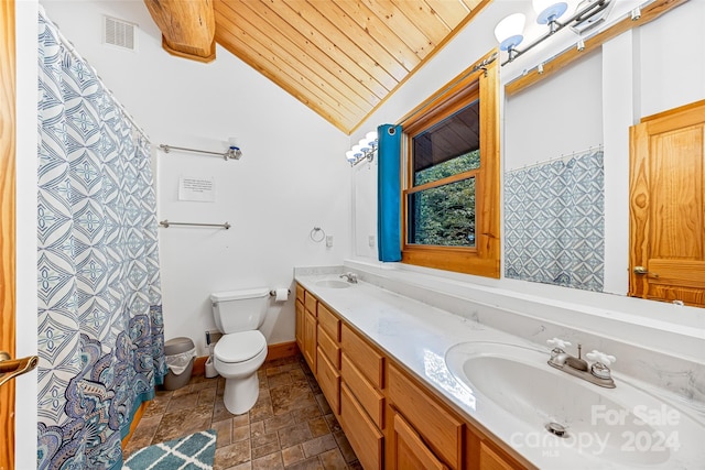 bathroom featuring toilet, wooden ceiling, vaulted ceiling, walk in shower, and vanity