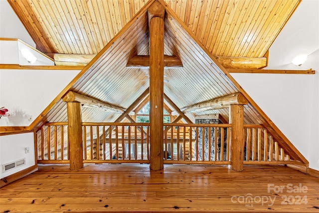 interior space with hardwood / wood-style floors and wood ceiling