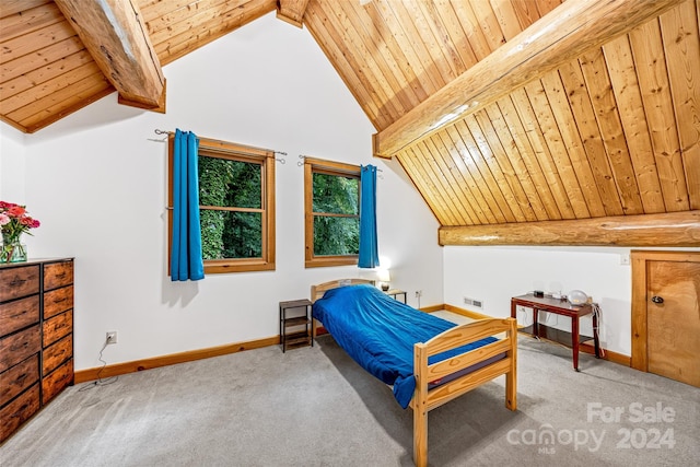 bedroom with light carpet, vaulted ceiling with beams, and wooden ceiling