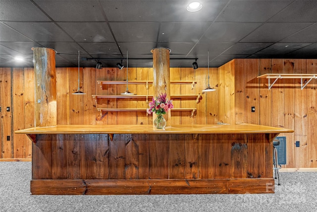 bar with track lighting, carpet flooring, and wood walls