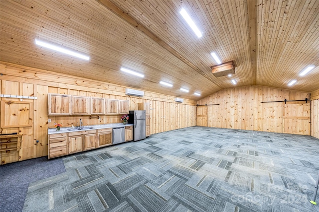 interior space featuring wood walls, stainless steel refrigerator, sink, and wooden ceiling