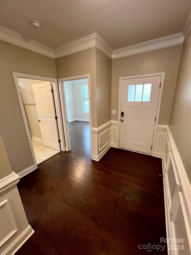 foyer featuring dark wood-type flooring, crown molding, and a healthy amount of sunlight