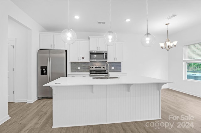 kitchen with white cabinetry, a kitchen island with sink, and stainless steel appliances