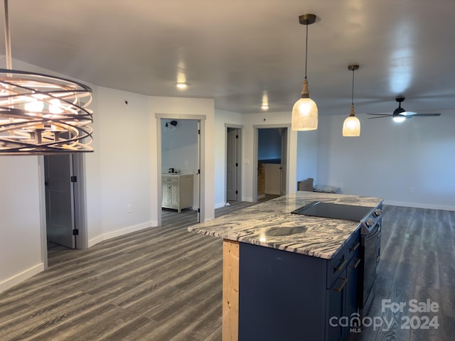 kitchen featuring blue cabinets, stainless steel electric range, dark hardwood / wood-style floors, and ceiling fan