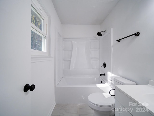 full bathroom with vanity, shower / tub combination, and toilet