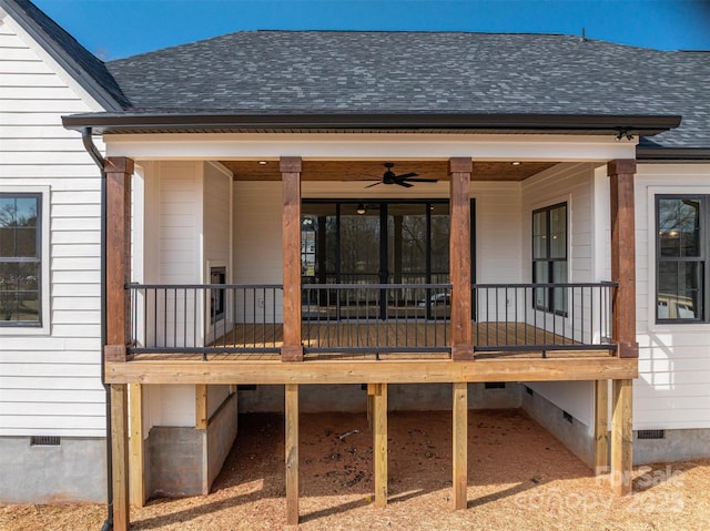 entrance to property featuring crawl space and roof with shingles