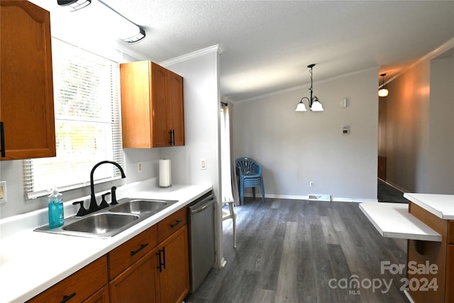 kitchen featuring stainless steel dishwasher, dark wood-type flooring, sink, crown molding, and decorative light fixtures