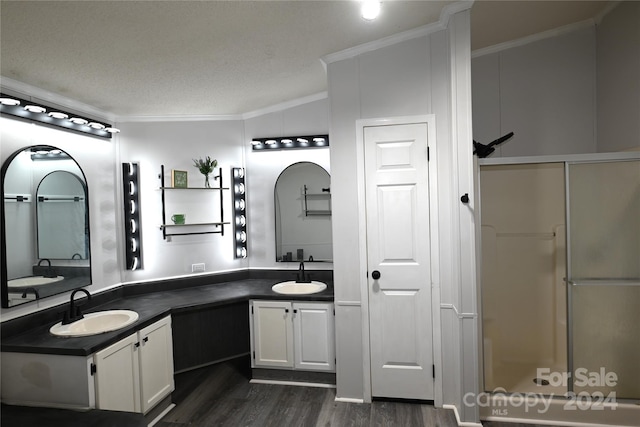 bathroom featuring vanity, hardwood / wood-style flooring, and ornamental molding