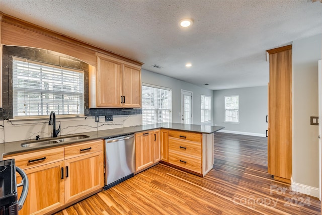 kitchen with dishwasher, kitchen peninsula, wood-type flooring, and sink