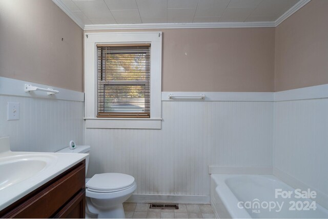24947 Nc-24/27 Hwy, Albemarle, NC 28001 - bathroom with wainscoting, a bath, vanity, crown molding, and tile patterned flooring