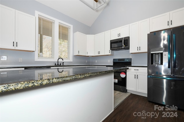 kitchen featuring dark hardwood / wood-style flooring, sink, black appliances, white cabinets, and lofted ceiling