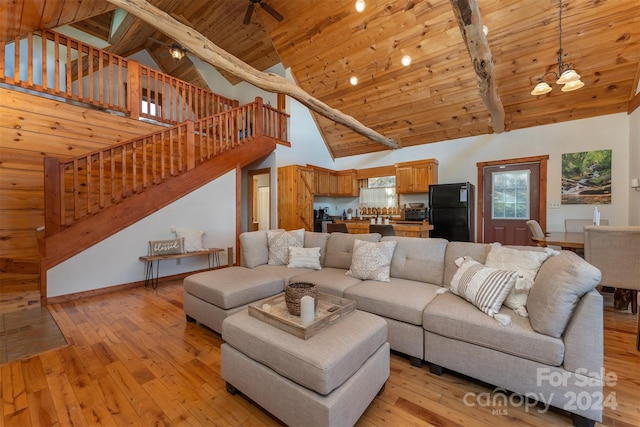 living room featuring wood ceiling, high vaulted ceiling, light wood-type flooring, beamed ceiling, and ceiling fan with notable chandelier