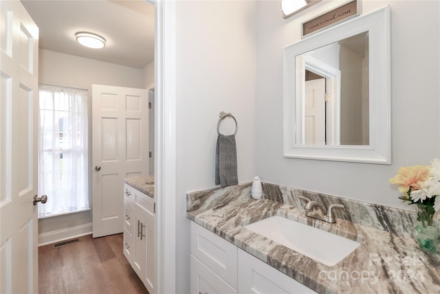 bathroom featuring hardwood / wood-style floors, plenty of natural light, and vanity