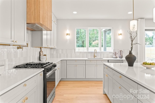 kitchen featuring light hardwood / wood-style flooring, high end stainless steel range, a wealth of natural light, and hanging light fixtures