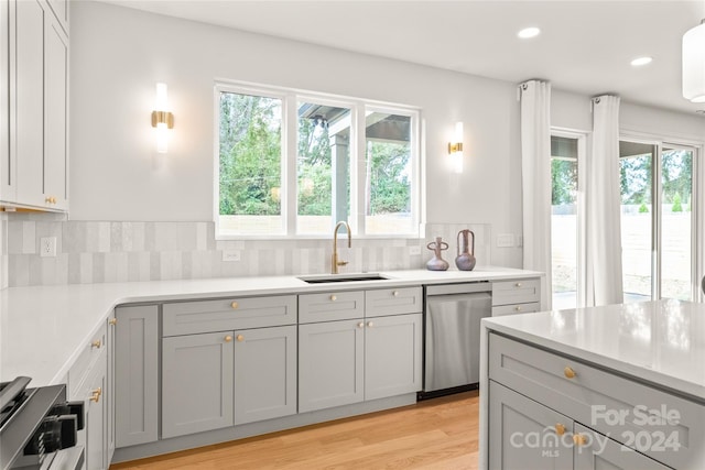 kitchen with dishwasher, light hardwood / wood-style flooring, sink, and backsplash