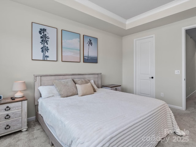 carpeted bedroom with a tray ceiling