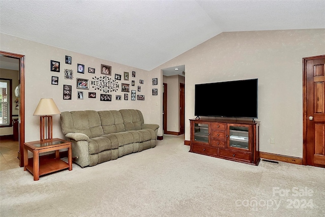 carpeted living room with vaulted ceiling and a textured ceiling