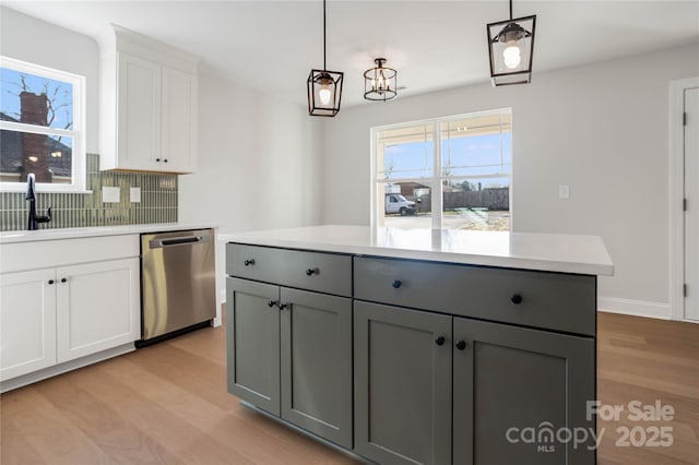 kitchen featuring white cabinetry, dishwasher, sink, gray cabinetry, and hanging light fixtures