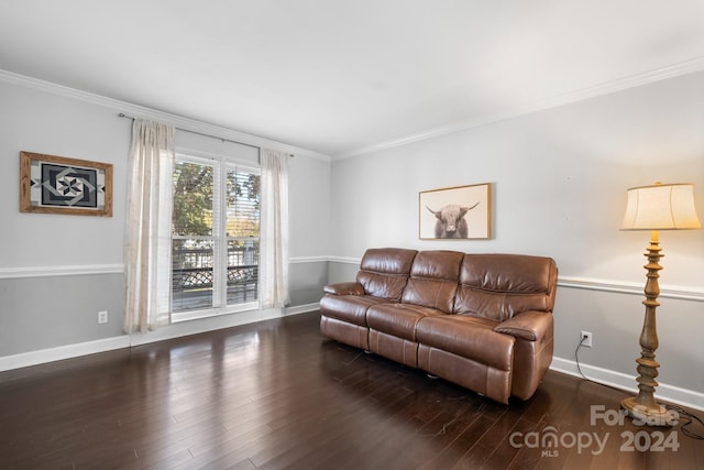 living room with crown molding and dark hardwood / wood-style floors