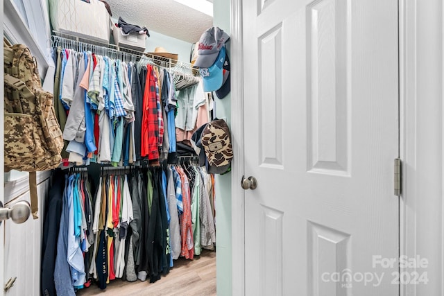 walk in closet with light hardwood / wood-style floors