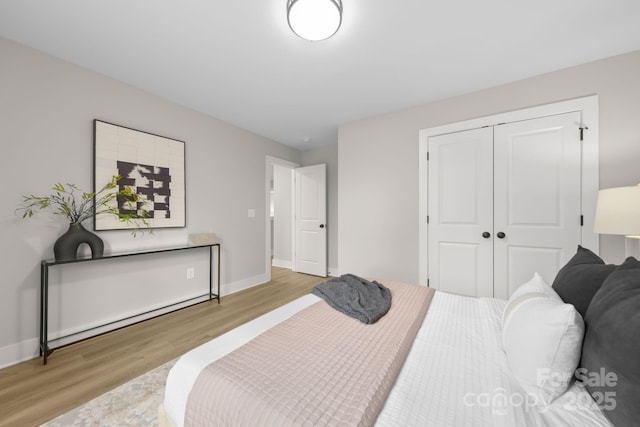 bedroom featuring light hardwood / wood-style floors and a closet