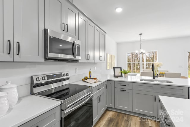 kitchen featuring appliances with stainless steel finishes, gray cabinets, dark wood-type flooring, and sink