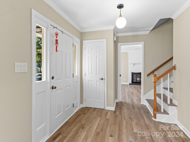 entrance foyer featuring crown molding and light hardwood / wood-style flooring