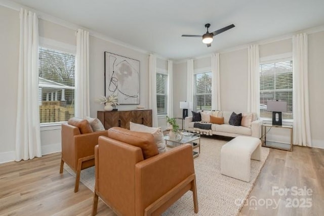 sitting room with ceiling fan, a wealth of natural light, crown molding, and light hardwood / wood-style floors