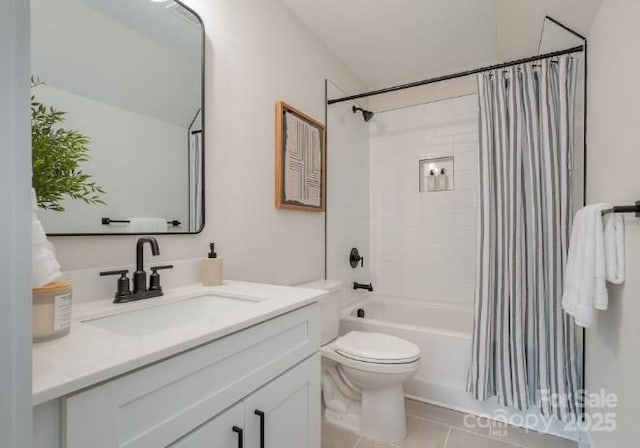 full bathroom with toilet, tile patterned flooring, vanity, and shower / tub combo with curtain