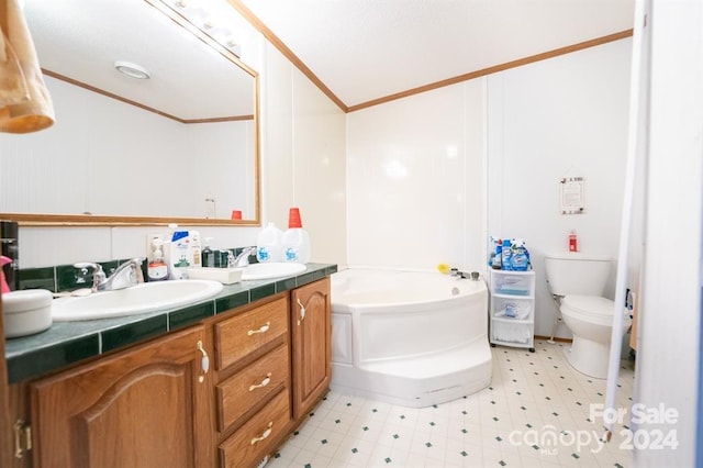 bathroom featuring toilet, a washtub, vanity, and crown molding