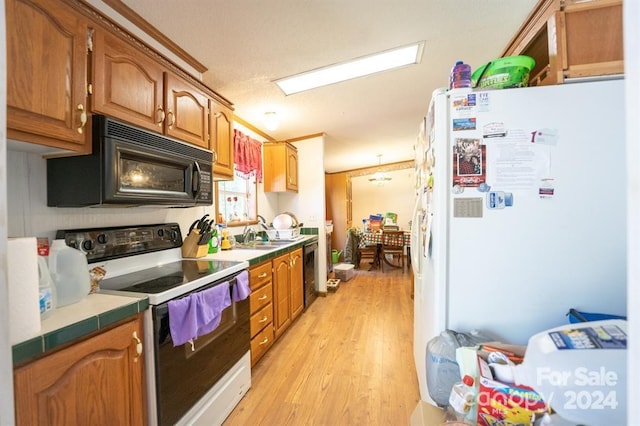 kitchen with black appliances, light wood-type flooring, and sink