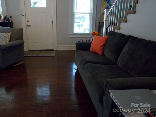 living room featuring a wealth of natural light and dark hardwood / wood-style floors