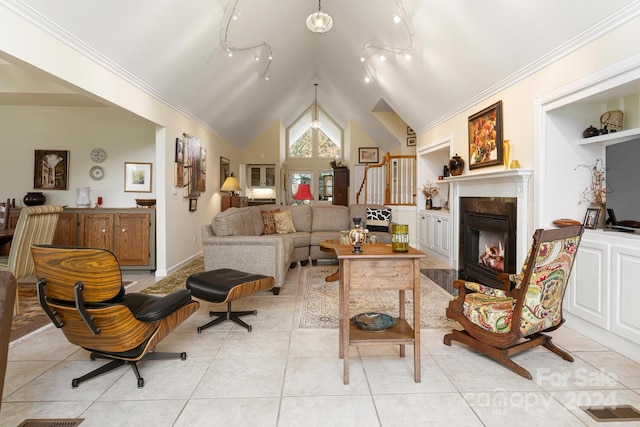 150 Overlook Dr, Flat Rock, NC 28731 - living area featuring vaulted ceiling, a fireplace, light tile patterned floors, ornamental molding, and rail lighting