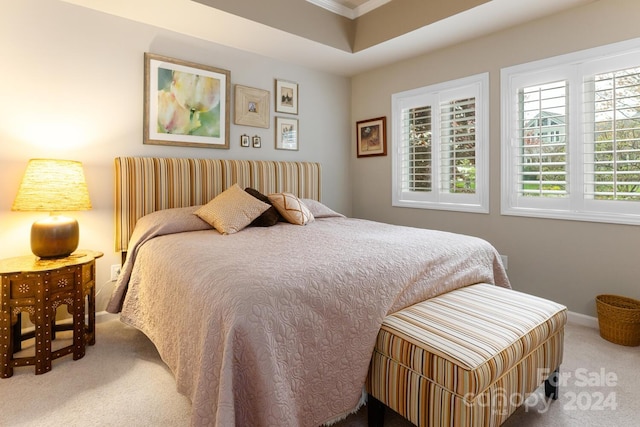 carpeted bedroom featuring ornamental molding