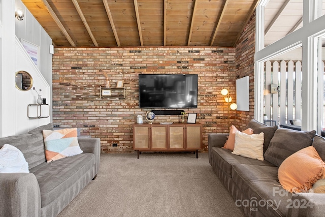 carpeted living room with wood ceiling, lofted ceiling with beams, and brick wall