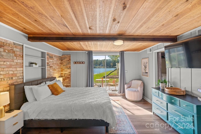 bedroom with brick wall, light hardwood / wood-style flooring, wood ceiling, and access to outside