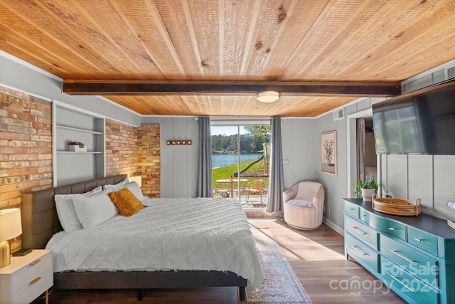 364 Catalina Dr, Mooresville, NC 28117 - bedroom featuring access to outside, brick wall, wooden ceiling, wood finished floors, and beamed ceiling