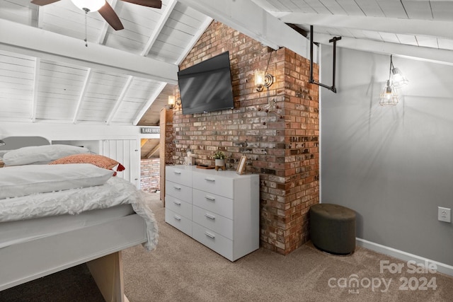 carpeted bedroom featuring brick wall, lofted ceiling with beams, wood ceiling, and ceiling fan